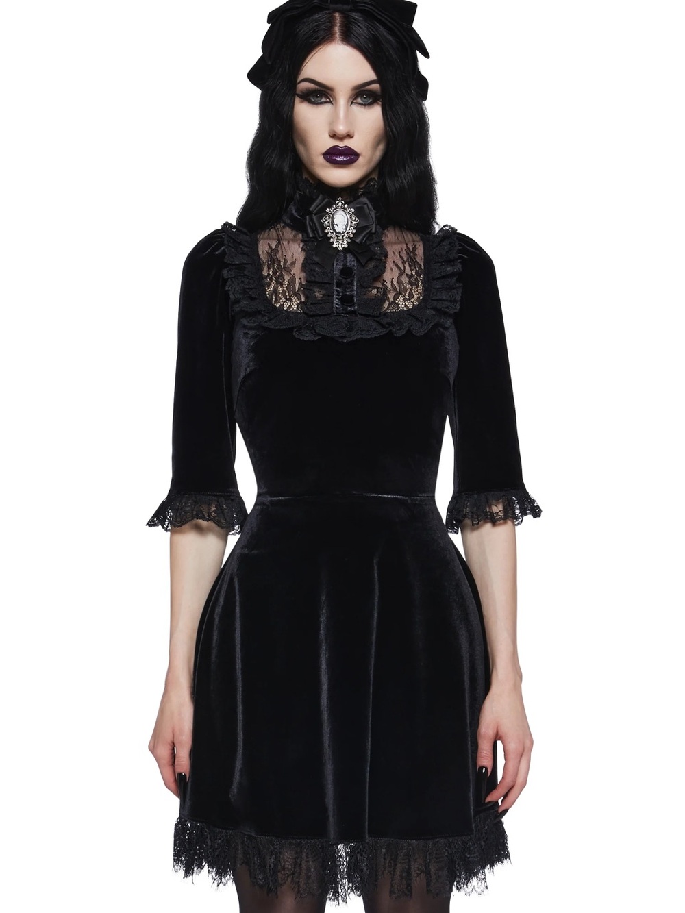 Dollskill Widow Ladyhawke Black Velvet Lace Ribbon Cameo Goth Mini Dress Large